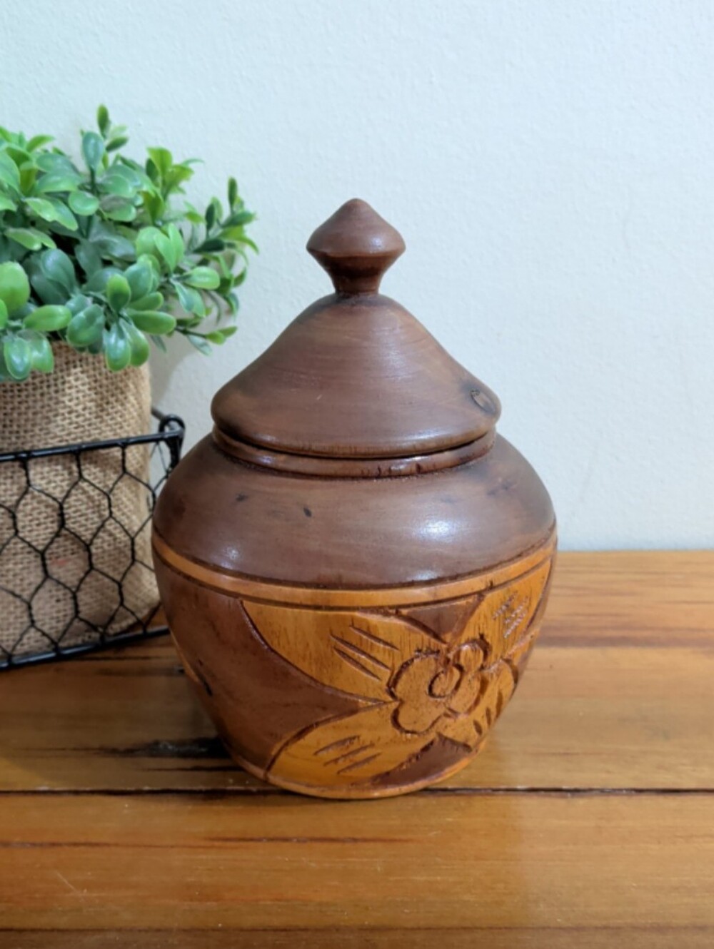 Vintage Hand Carved Wooden Lidded Jar Container